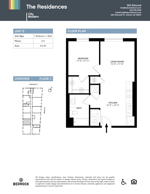 Floor plan for 1 bed, 1 bath, 610 sqft